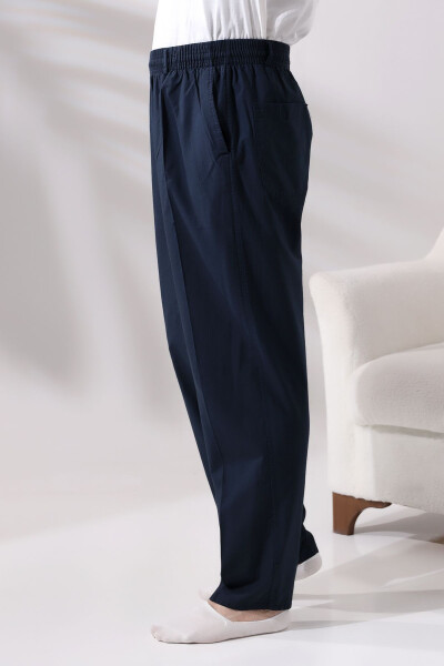 Men's Navy Blue Relaxed Fit Elastic Waist Linen Hajj and Umrah Shalwar Pants - 4