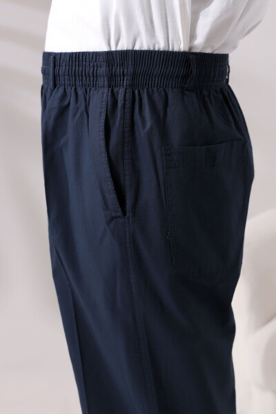 Men's Navy Blue Relaxed Fit Elastic Waist Linen Hajj and Umrah Shalwar Pants - 5