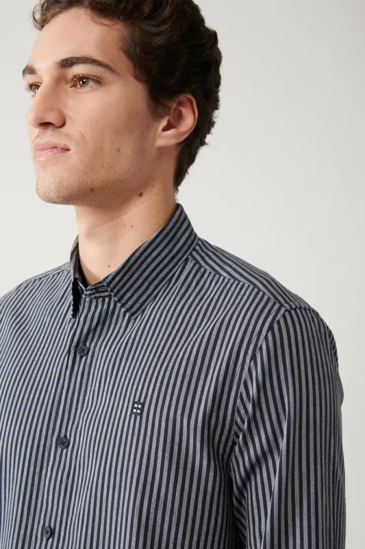 Men's Navy Blue Shirt with Button Down Collar, 100% Cotton Striped Slim Fit A32y2010 - 3