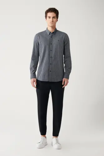 Men's Navy Blue Shirt with Button Down Collar, 100% Cotton Striped Slim Fit A32y2010 - 6