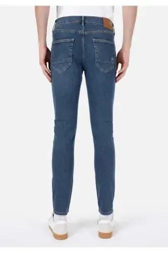 Men's navy blue, skinny fit, low waist, skinny leg jeans. - 2