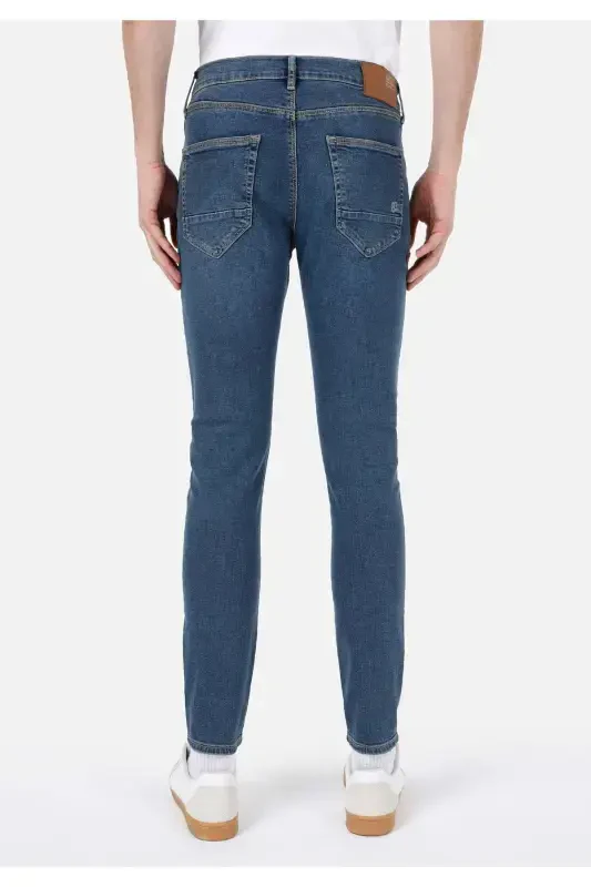 Men's navy blue, skinny fit, low waist, skinny leg jeans. - 2