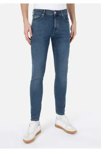 Men's navy blue, skinny fit, low waist, skinny leg jeans. - 4