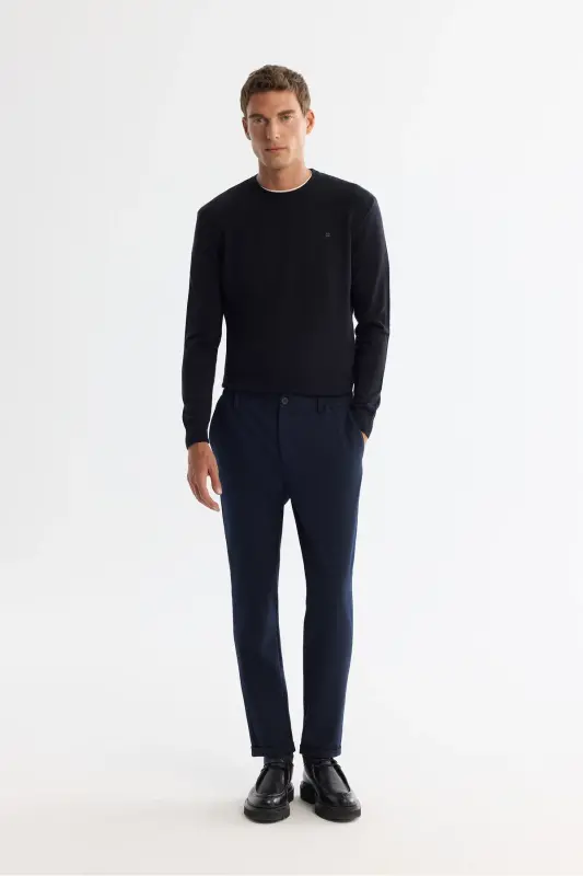 Men's Navy Blue Slim Fit Elastic Side Textured Chino - 1