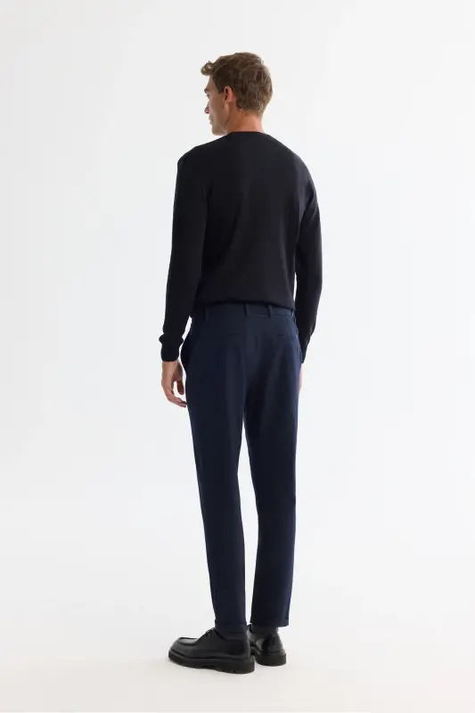 Men's Navy Blue Slim Fit Elastic Side Textured Chino - 3