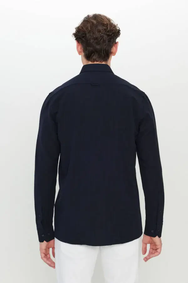 Men's Navy Blue Slim Fit Narrow Cut Buttoned Collar Textured Gaufré Patterned Shirt - 5