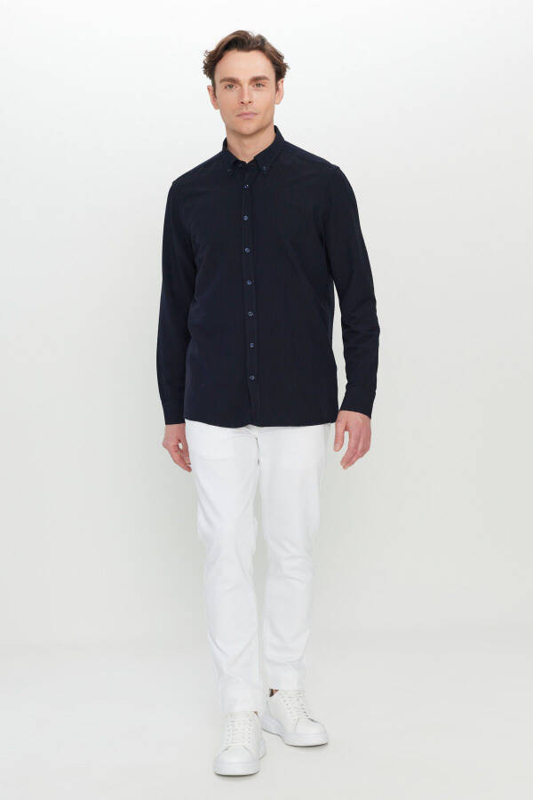 Men's Navy Blue Slim Fit Narrow Cut Buttoned Collar Textured Gaufré Patterned Shirt - 8