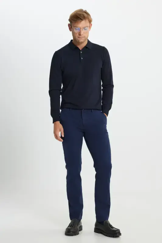 Men's Navy Blue Slim Fit Narrow Cut Cotton Stretch Ar - 2