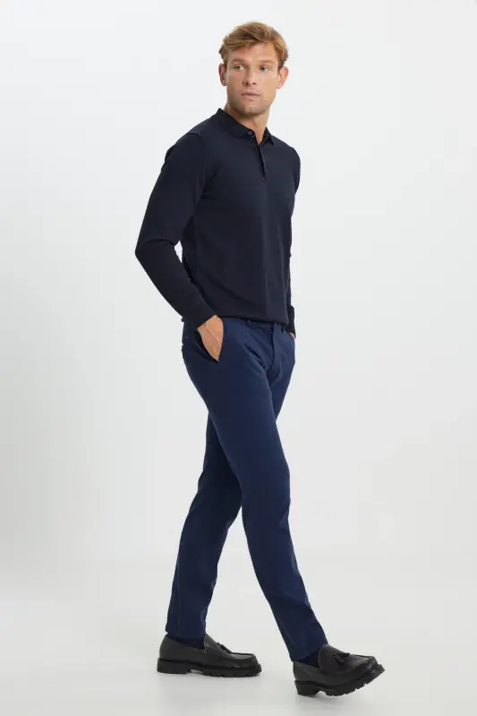 Men's Navy Blue Slim Fit Narrow Cut Cotton Stretch Ar - 3