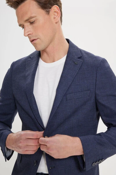 Men's Navy Blue Slim Fit Narrow Cut Mono Collar Textured - 4