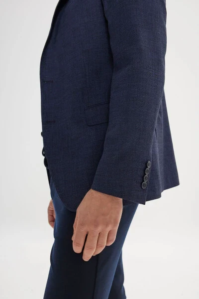 Men's Navy Blue Slim Fit Narrow Cut Mono Collar Textured - 5