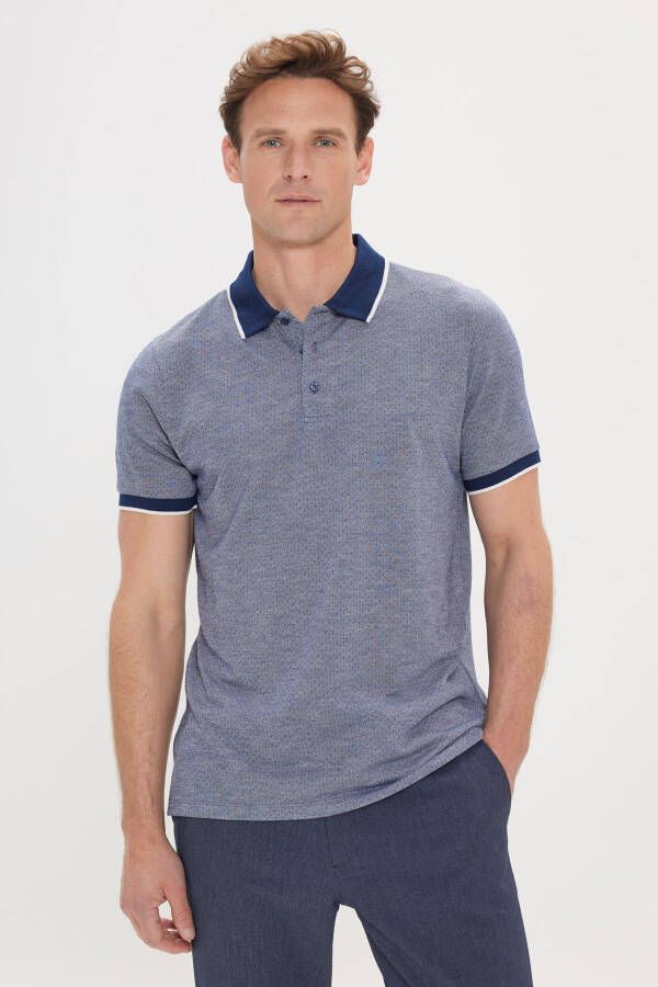 Men's Navy Blue Slim Fit Narrow Cut Polo Collar Jacquard T-shirt - 1