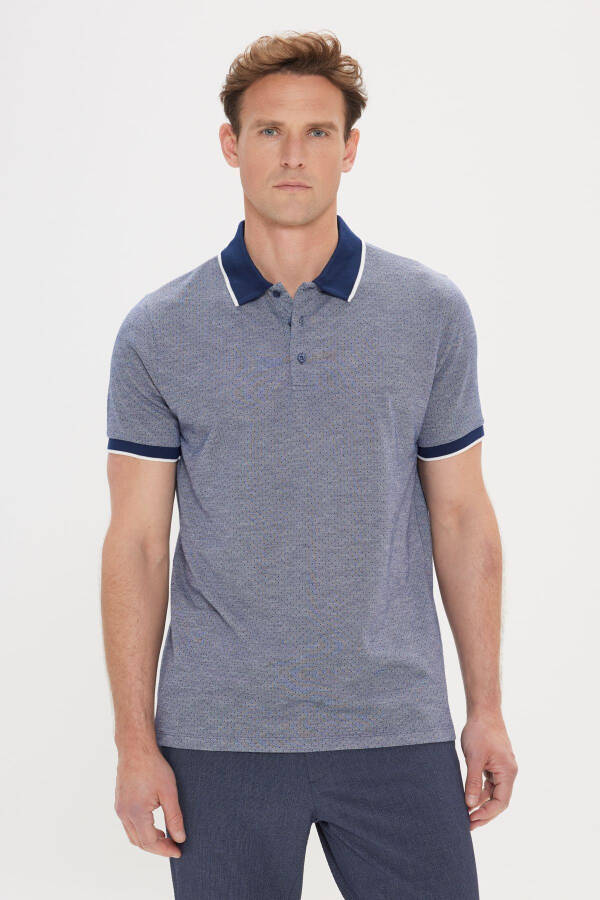 Men's Navy Blue Slim Fit Narrow Cut Polo Collar Jacquard T-shirt - 3