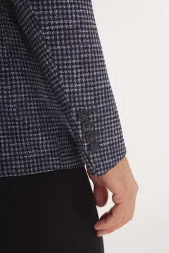 Men's Navy Blue Slim Fit Narrow Cut Single Collar Houndstooth Pattern Blazer Jacket-Navy Blue - 1