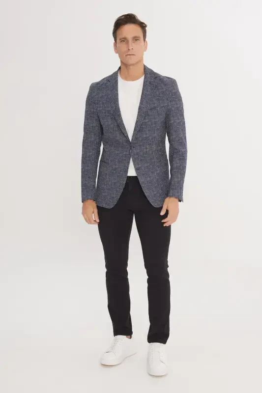 Men's Navy Blue Slim Fit Narrow Cut Single Collar Houndstooth Pattern Blazer Jacket-Navy Blue - 3