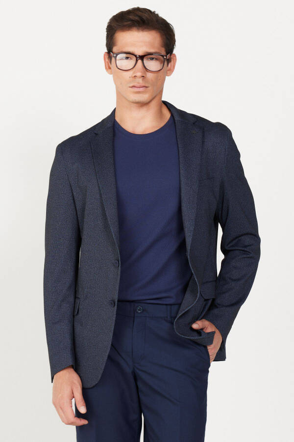 Men's Navy Blue Slim Fit Narrow Cut Single Collar Print - 8