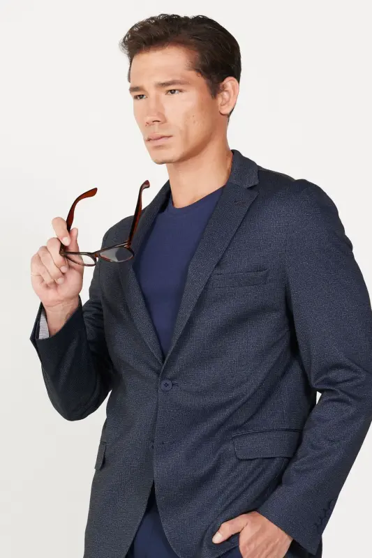 Men's Navy Blue Slim Fit Narrow Cut Single Collar Print - 2