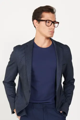 Men's Navy Blue Slim Fit Narrow Cut Single Collar Print - 3