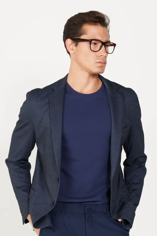 Men's Navy Blue Slim Fit Narrow Cut Single Collar Print - 3