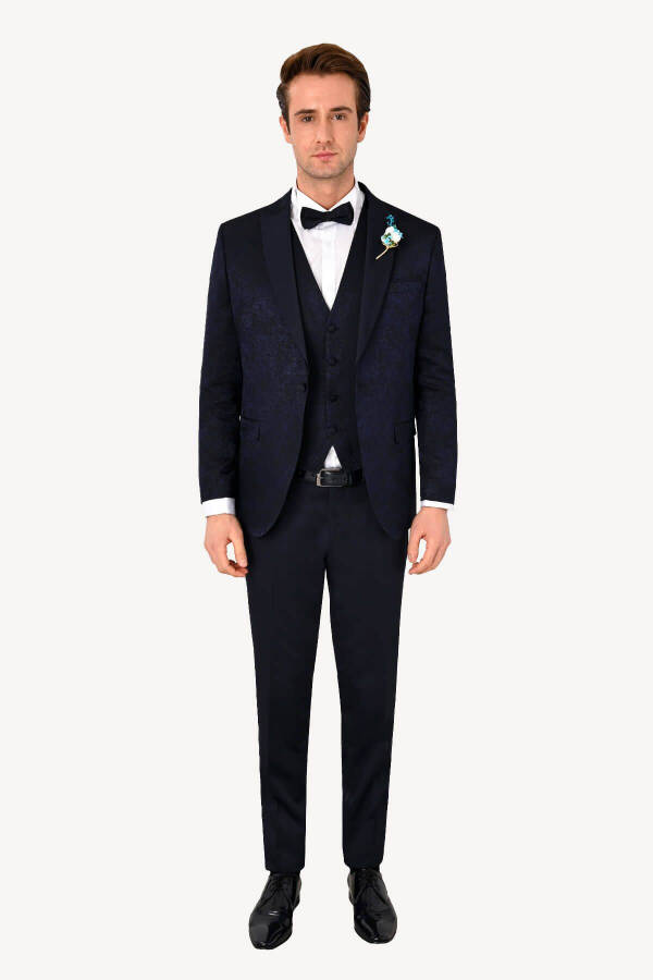 Men's Navy Blue Slim Fit Swallow Collar Patterned Tuxedo - 9