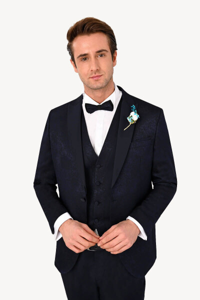 Men's Navy Blue Slim Fit Swallow Collar Patterned Tuxedo - 10