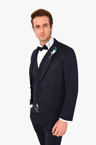 Men's Navy Blue Slim Fit Swallow Collar Patterned Tuxedo - 11