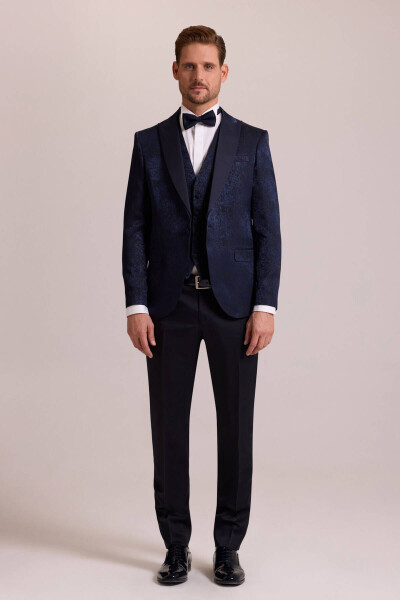 Men's Navy Blue Slim Fit Swallow Collar Patterned Tuxedo - 1