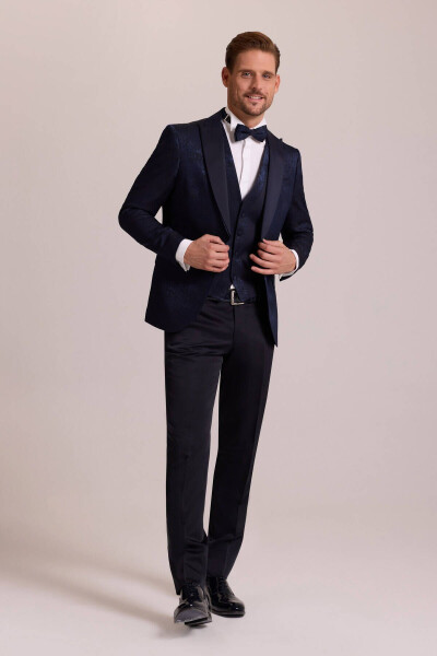 Men's Navy Blue Slim Fit Swallow Collar Patterned Tuxedo - 2