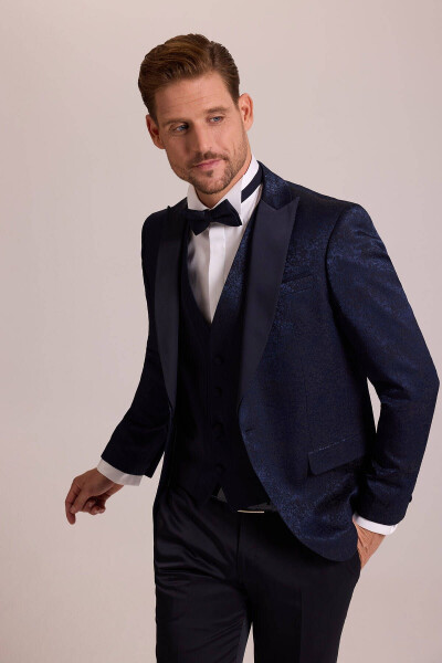 Men's Navy Blue Slim Fit Swallow Collar Patterned Tuxedo - 3