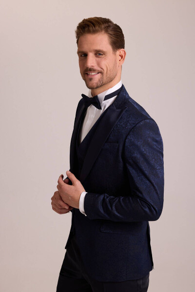 Men's Navy Blue Slim Fit Swallow Collar Patterned Tuxedo - 6