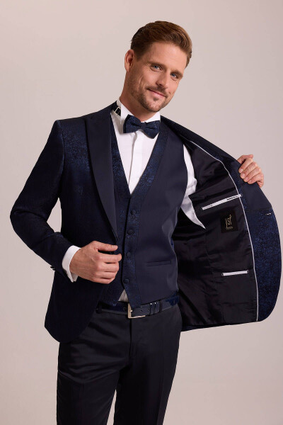 Men's Navy Blue Slim Fit Swallow Collar Patterned Tuxedo - 7