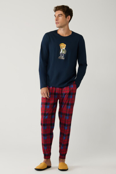 Men's Navy Blue Special Boxed Pajama Set with Crew Neck, 100% Cotton, Long Sleeve, Printed Plaid E003303 - 10