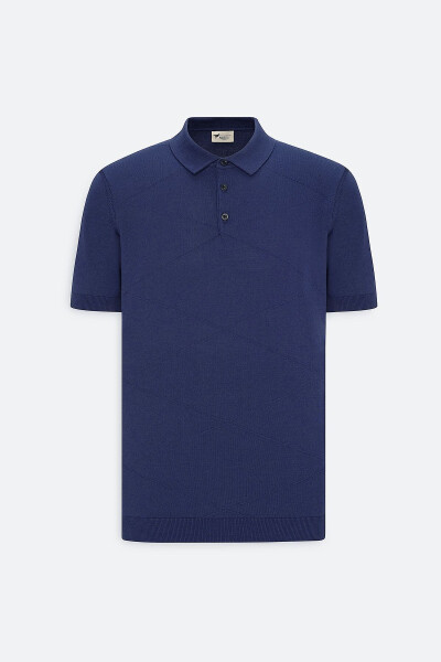 Men's Navy Blue Standard Fit Regular Cut 100% Cotton Self-Patterned Polo Collar Knitted T-Shirt - 16