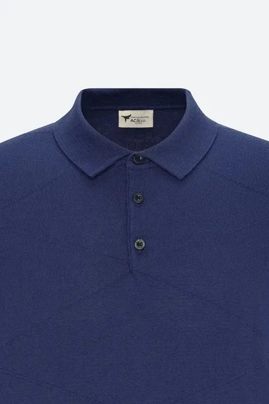 Men's Navy Blue Standard Fit Regular Cut 100% Cotton Self-Patterned Polo Collar Knitted T-Shirt - 9