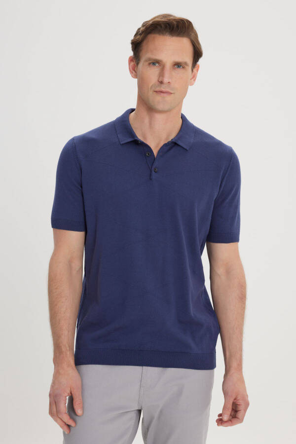 Men's Navy Blue Standard Fit Regular Cut 100% Cotton Self-Patterned Polo Collar Knitted T-Shirt - 1