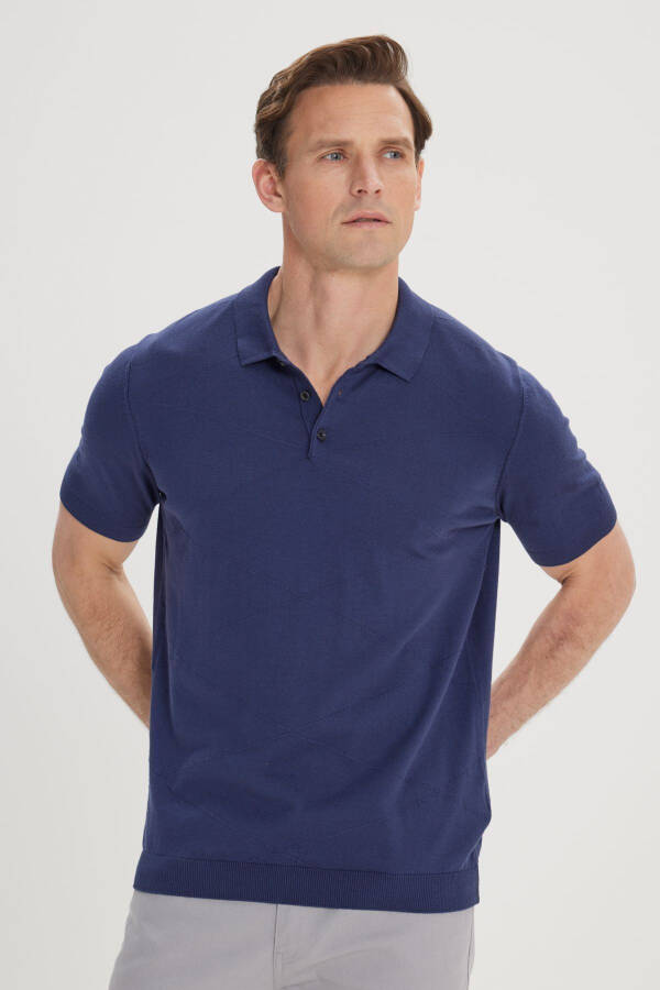 Men's Navy Blue Standard Fit Regular Cut 100% Cotton Self-Patterned Polo Collar Knitted T-Shirt - 3
