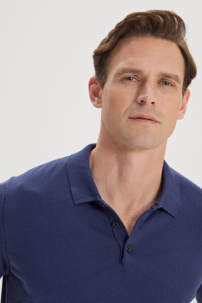 Men's Navy Blue Standard Fit Regular Cut 100% Cotton Self-Patterned Polo Collar Knitted T-Shirt - 4