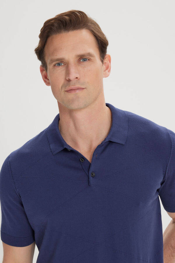 Men's Navy Blue Standard Fit Regular Cut 100% Cotton Self-Patterned Polo Collar Knitted T-Shirt - 5