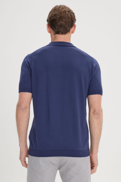 Men's Navy Blue Standard Fit Regular Cut 100% Cotton Self-Patterned Polo Collar Knitted T-Shirt - 6