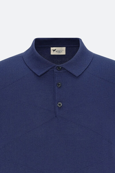 Men's Navy Blue Standard Fit Regular Cut 100% Cotton Self-Patterned Polo Collar Knitted T-Shirt - 8