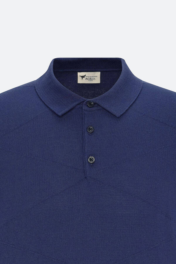 Men's Navy Blue Standard Fit Regular Cut 100% Cotton Self-Patterned Polo Collar Knitted T-Shirt - 8