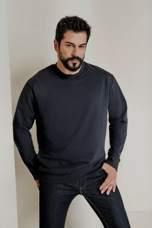 Men's Navy Blue Standard Fit Regular Cut Crew Neck 3-Thread Cotton Sweatshirt - Navy Blue - 1