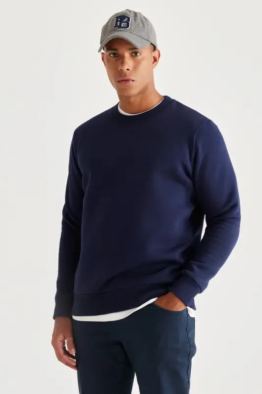 Men's Navy Blue Standard Fit Regular Cut Fleece Lined 3 Thread Crew Neck Cotton Sweatshirt-Navy Blue - 1