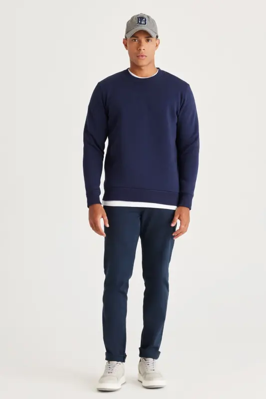 Men's Navy Blue Standard Fit Regular Cut Fleece Lined 3 Thread Crew Neck Cotton Sweatshirt-Navy Blue - 2
