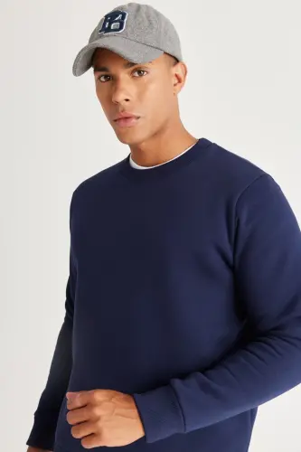 Men's Navy Blue Standard Fit Regular Cut Fleece Lined 3 Thread Crew Neck Cotton Sweatshirt-Navy Blue - 4