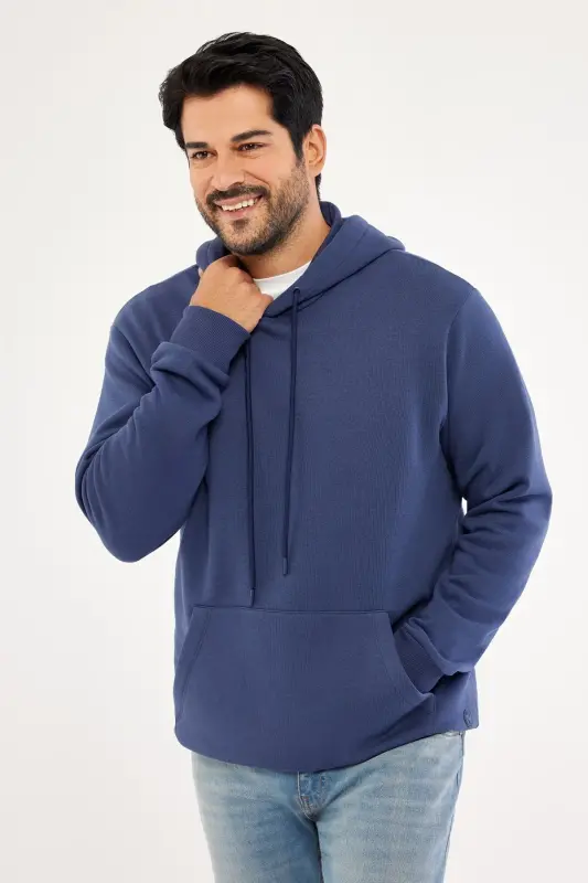 Men's Navy Blue Standard Fit Regular Cut Fleece Lined 3 Thread Hooded Cotton Sweatshirt-Navy Blue - 1