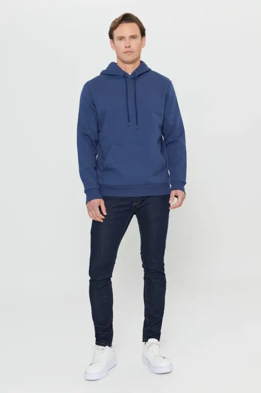 Men's Navy Blue Standard Fit Regular Cut Fleece Lined 3 Thread Hooded Cotton Sweatshirt-Navy Blue - 3