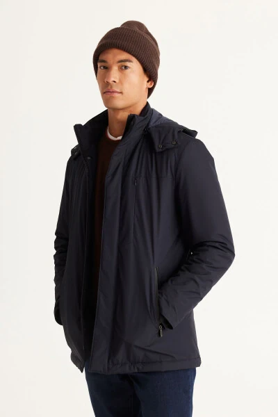 Men's Navy Blue Standard Fit Regular Cut Removable Hoodie Coat - 7