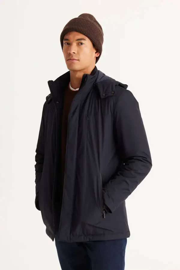 Men's Navy Blue Standard Fit Regular Cut Removable Hoodie Coat - 7