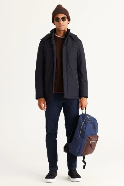 Men's Navy Blue Standard Fit Regular Cut Removable Hoodie Coat - 9